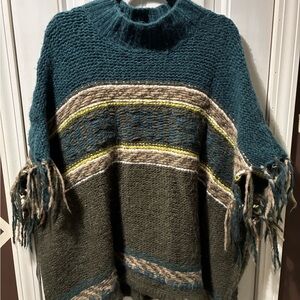 Free People Teal and Brown Knit Poncho